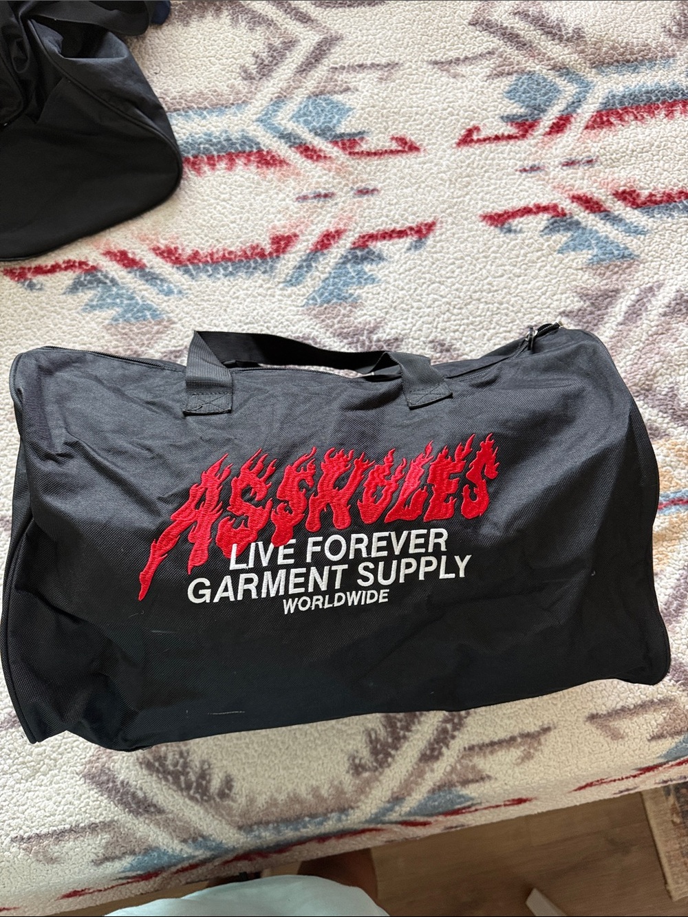 Live Forever Garment Supply Black Duffel Bag with Red Embroidered Logo